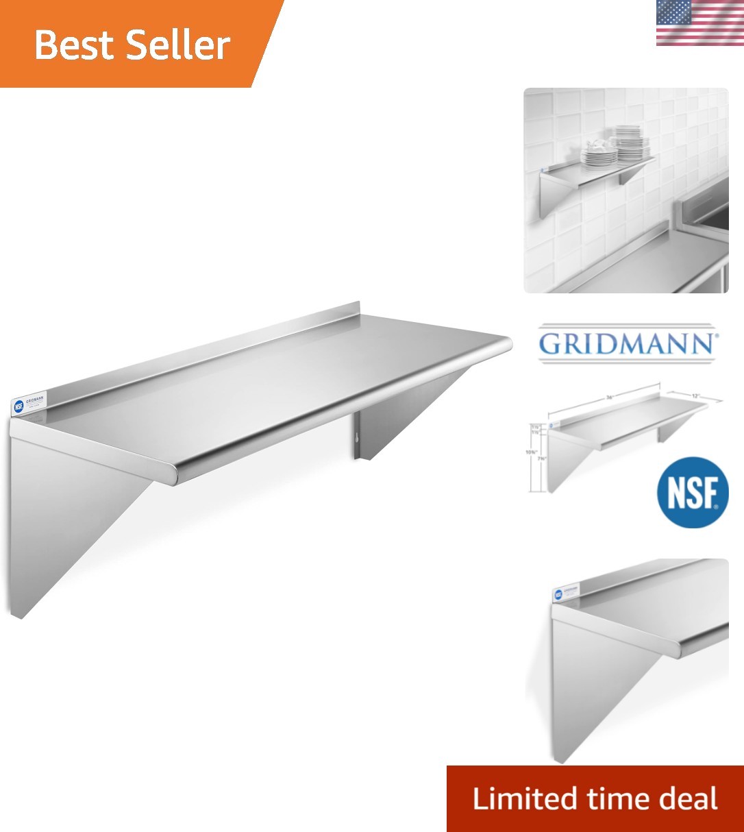 12″ x 36″ Stainless Steel Wall Mount Shelf with Backsplash, Commercial Grade …