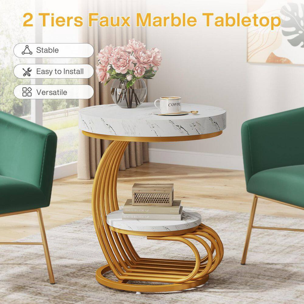 19.7 In. White round Wood and Metal C-Shape End Table, 2-Tier Modern Side Table