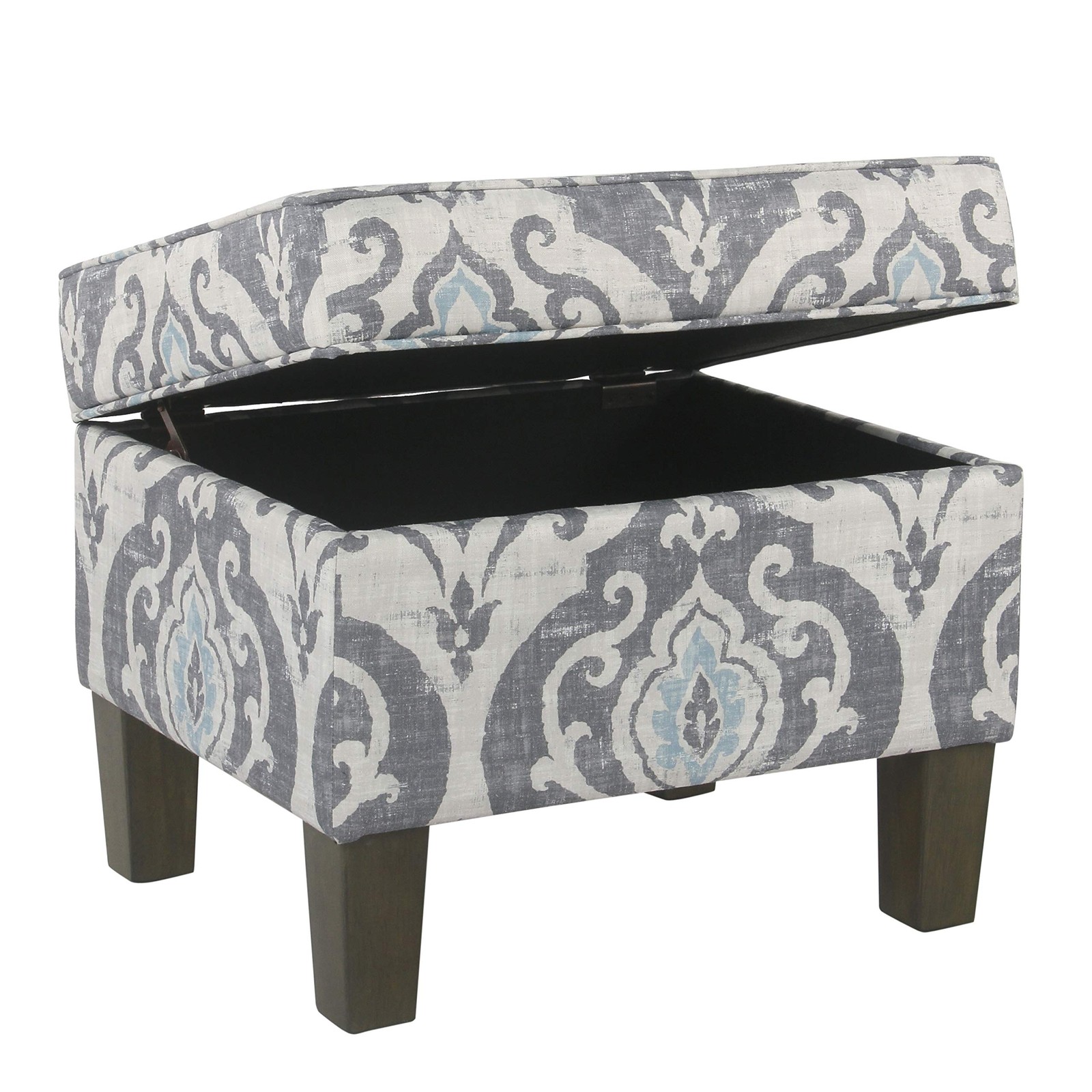 Transitional Blue Storage Ottoman With Hinged Lid And Wood Legs 18X22x18 Inches