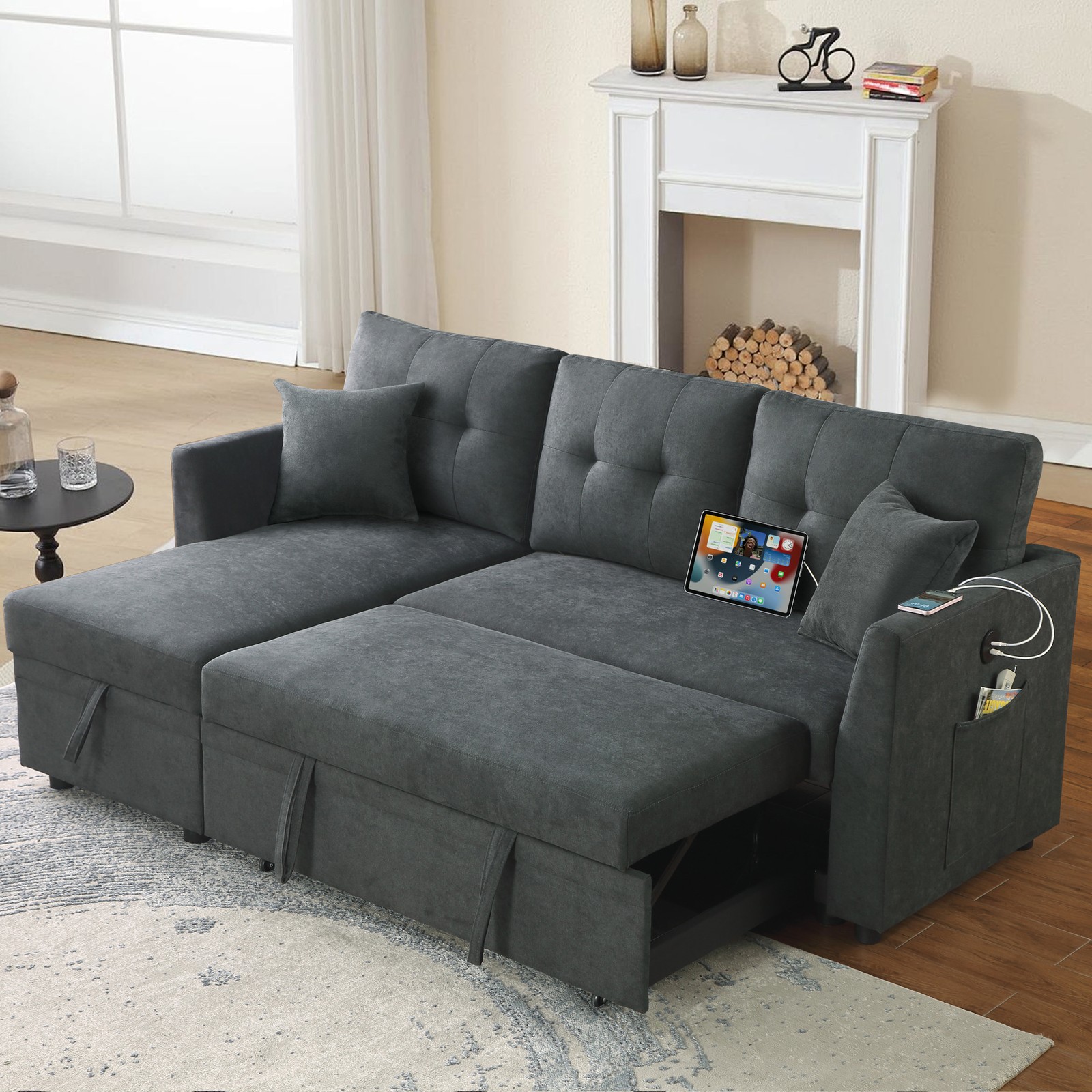 L-Shaped Sleeper Sectional Sofa Bed with USB Port, Storage Chaise, Gray