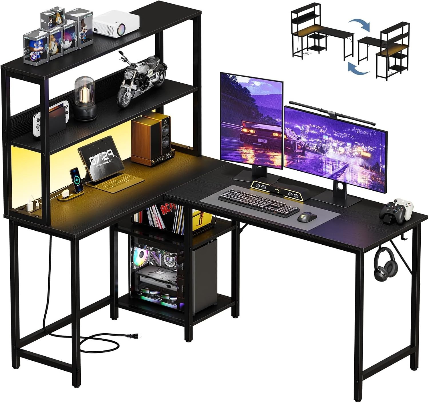 L Shaped Gaming Desk w/Display Storage Shelf&LED Light Convertible Computer Desk