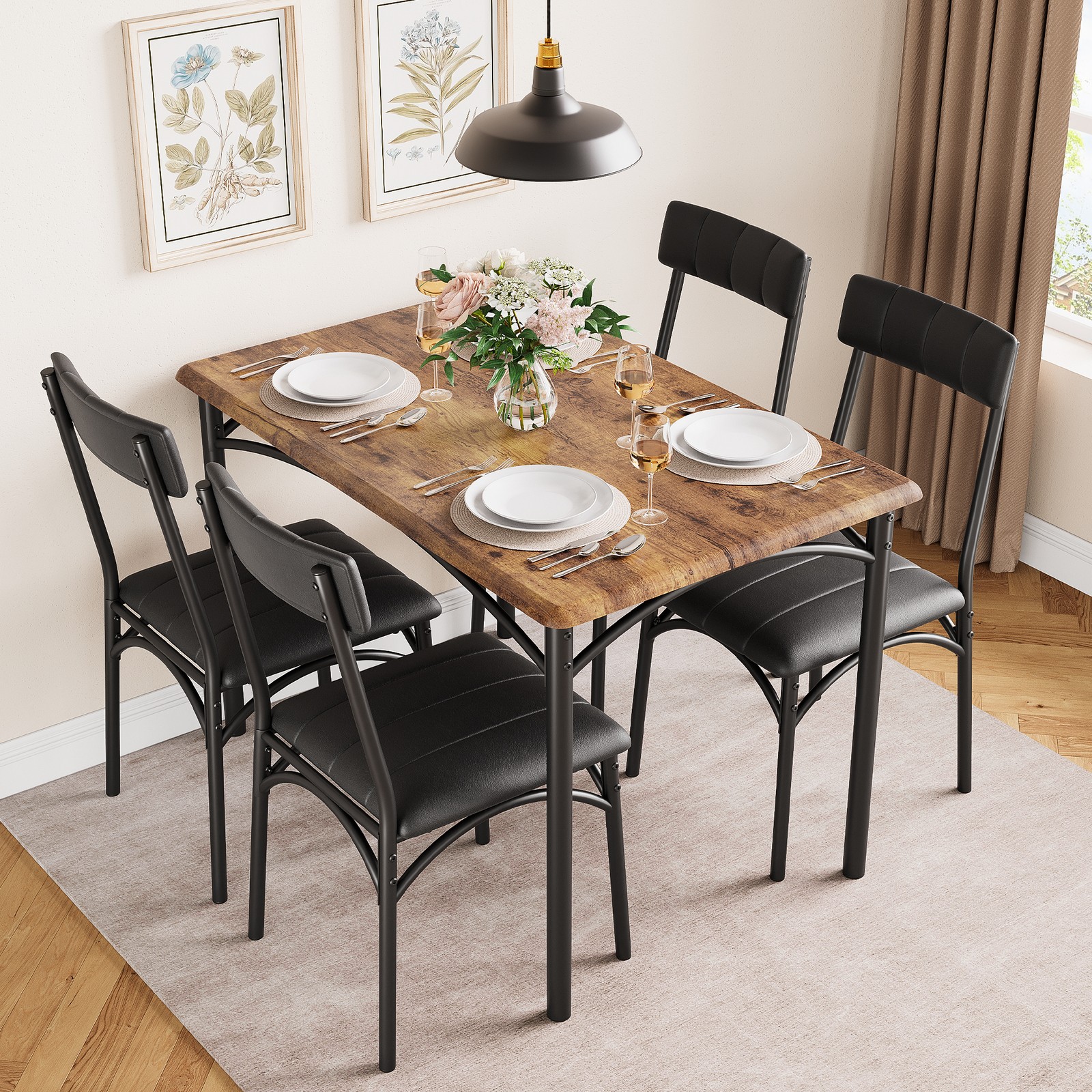 Space-Saving Kitchen Table with 4 Padded PU Upholstered Chairs for Small Spaces