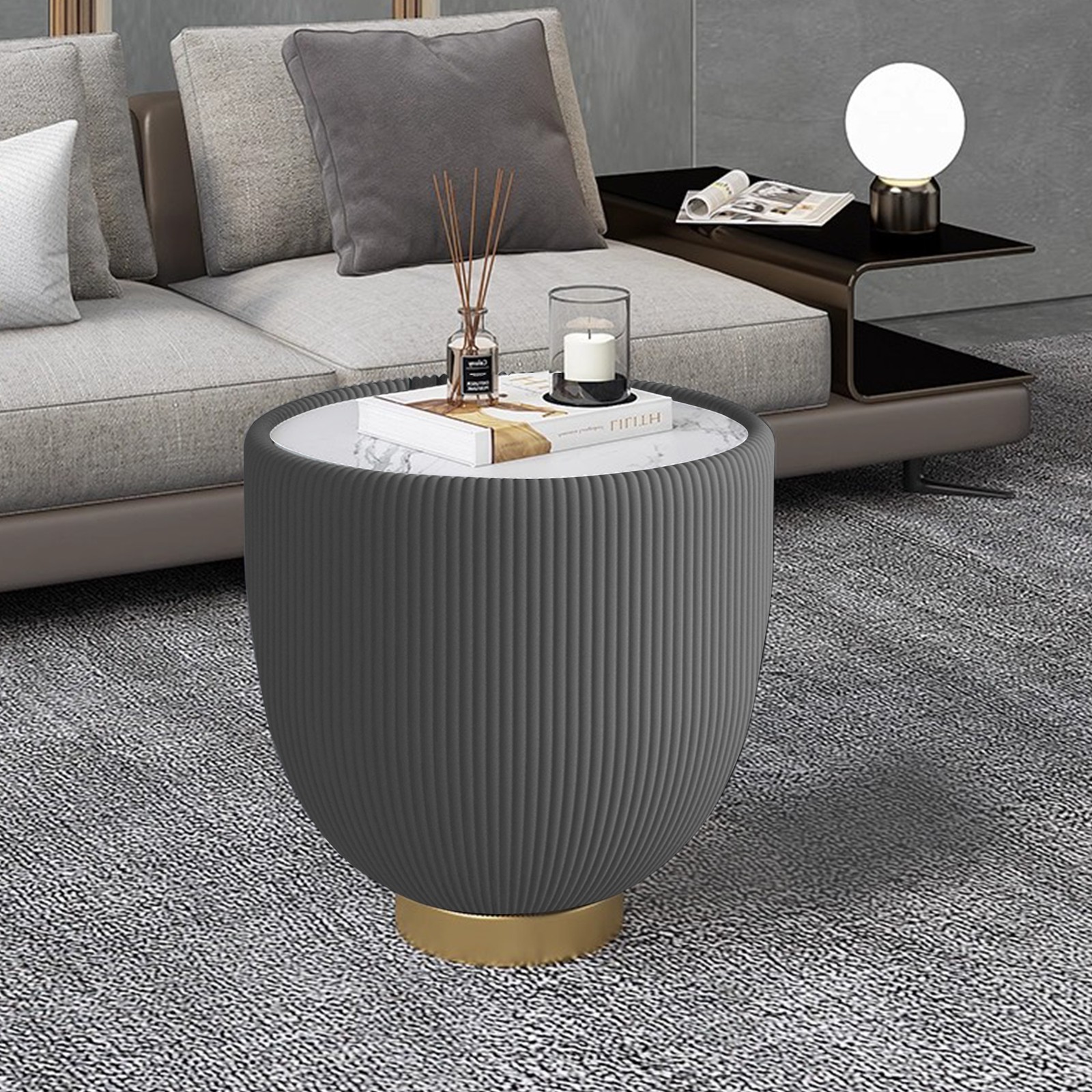 Modern Round Sintered stone Pattern Tabletop Leather Edge Sofa End Table with Me