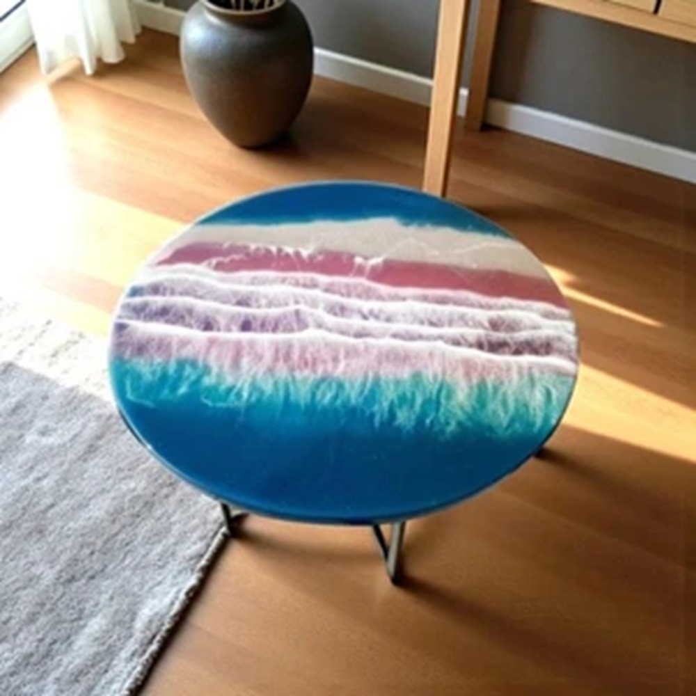 18″ Premium Round Multi-Layered Ocean Resin Table Pink & Blue Wave Art Decor