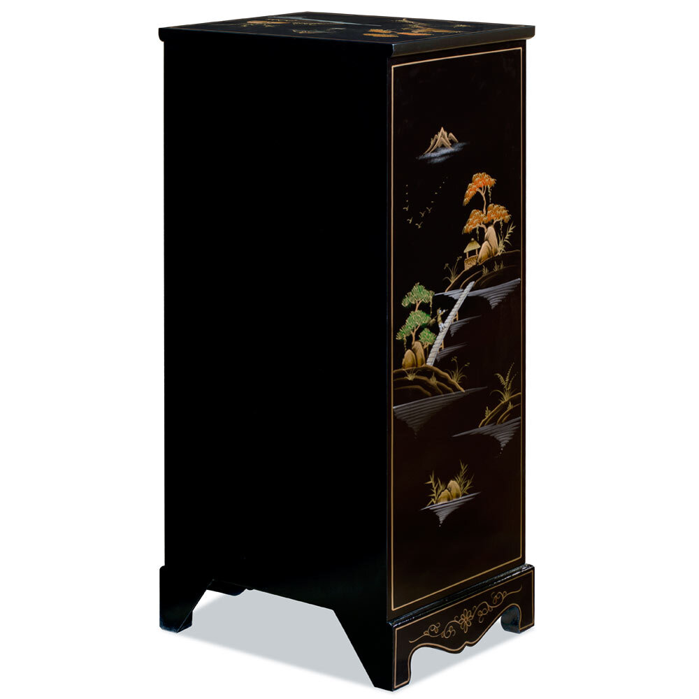 US Seller – Black Lacquer Chinoiserie Scenery 3 Drawer Oriental File Cabinet