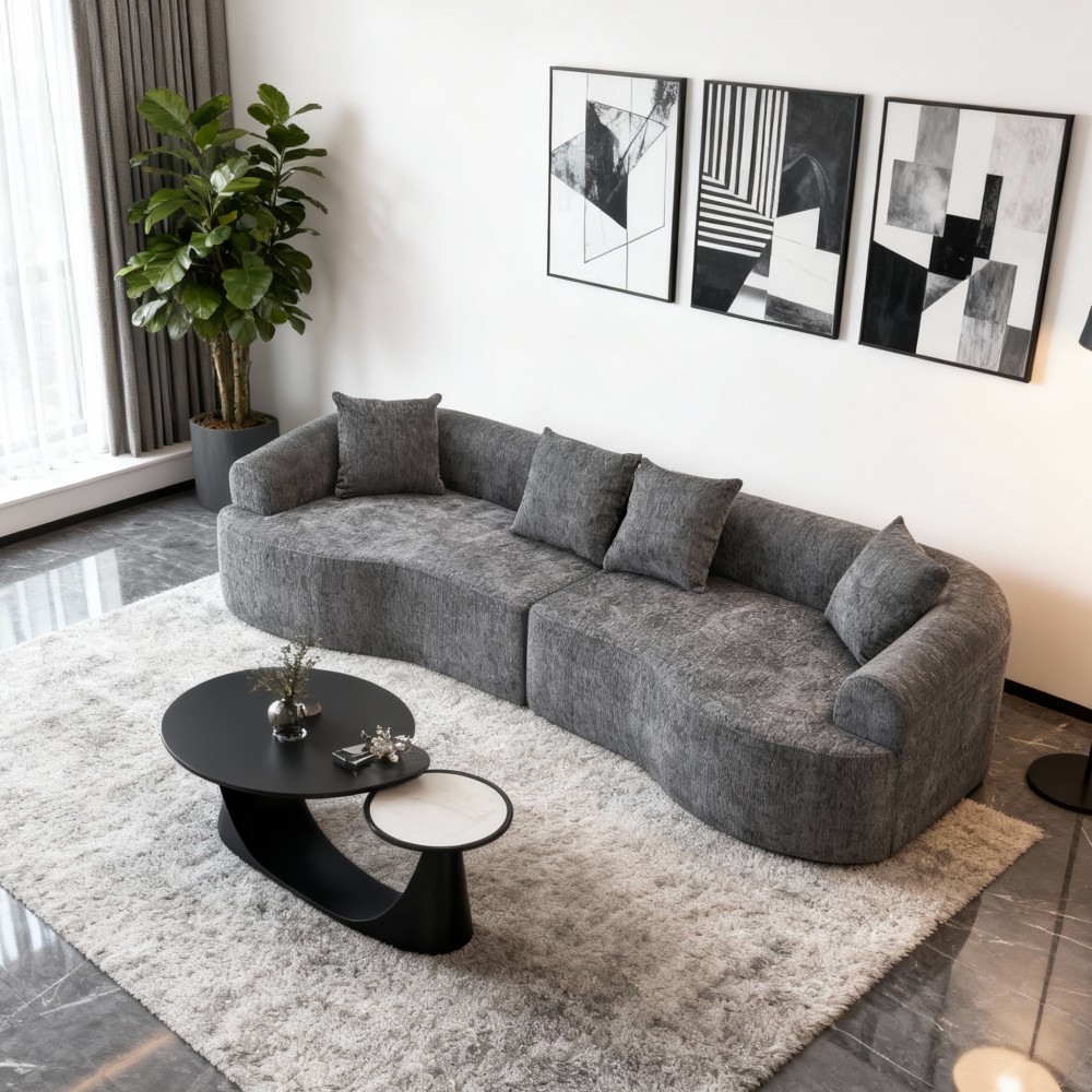 Curved Boneless Sofa,Compression Modular 108” Sectional,Grey High-Density