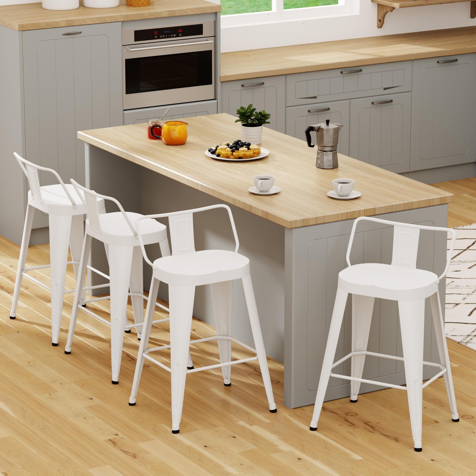 Metal Bar Stools Set of 4 26in Counter Ht Back Large Seat Farmhouse Off White