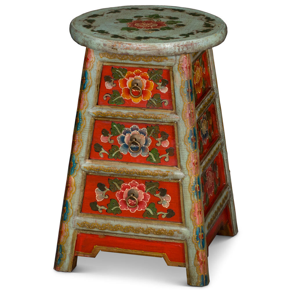US Seller – Distressed Light Teal and Red Tibetan Stool with Drawers