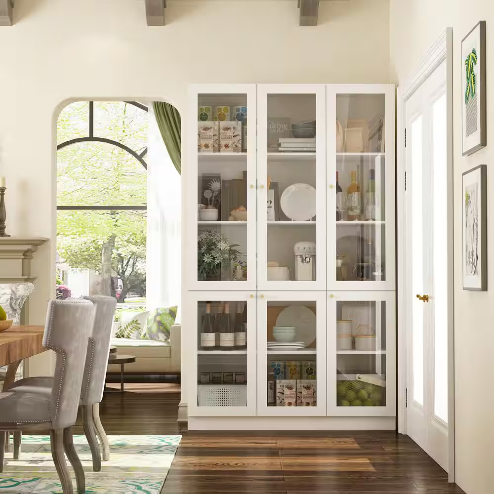 White Wood 47.2 In. W Sideboard Accent Storage Cabinet Bookcase with Acrylic Gla