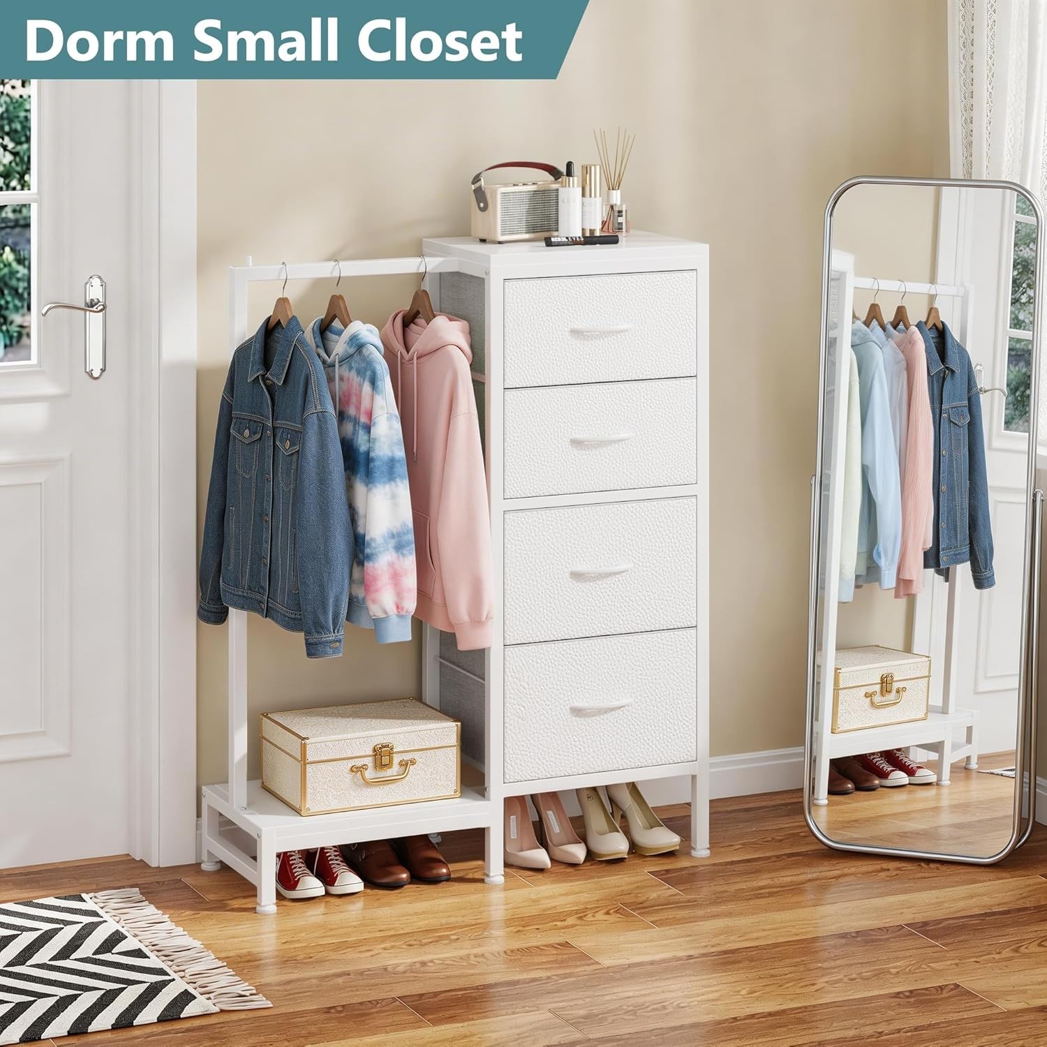 44in Tall Dresser with Hanging Rack 4 Drawers Storage Tower White
