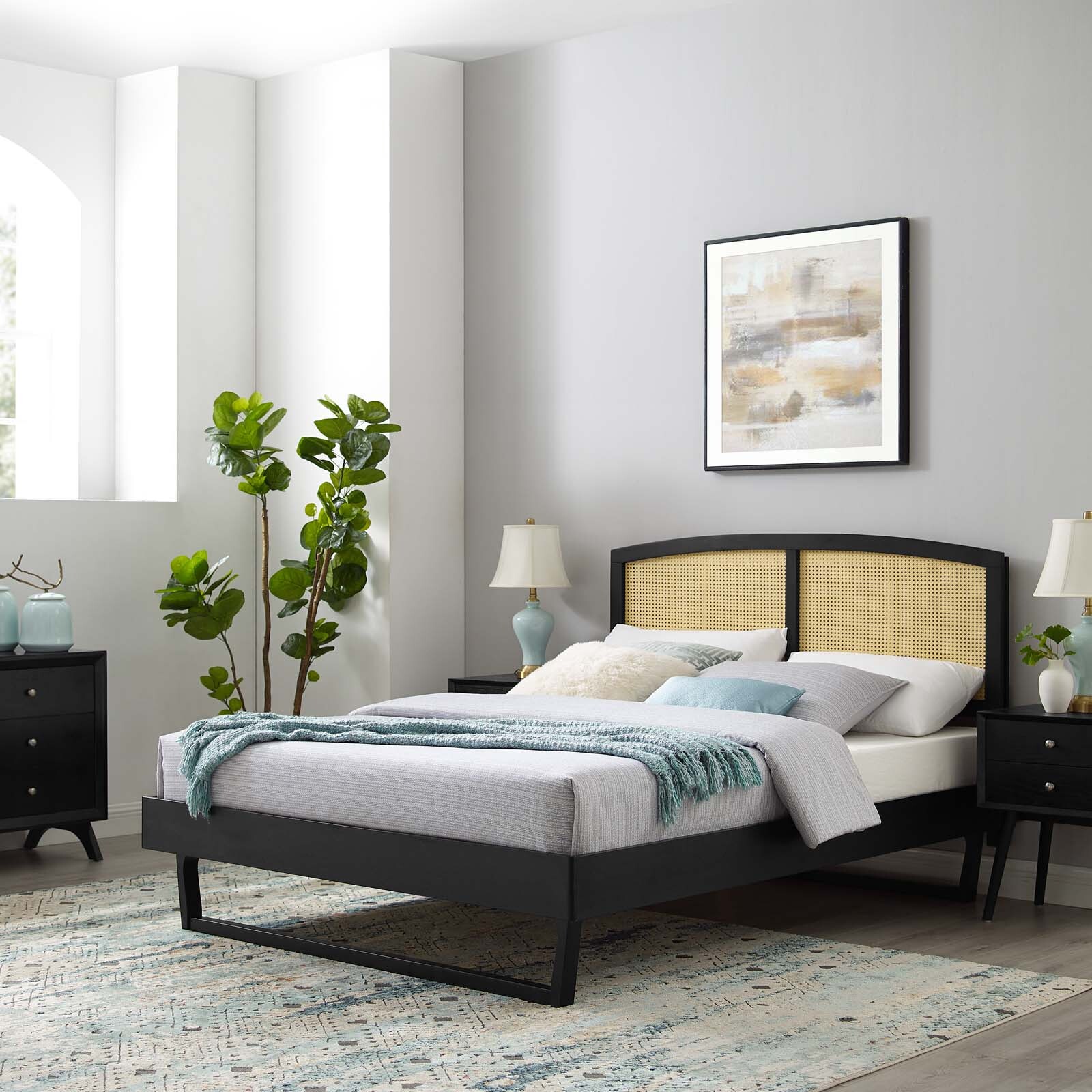 Modway Sierra Cane Rattan and Wood Full Platform Bed in Black With Angular Legs
