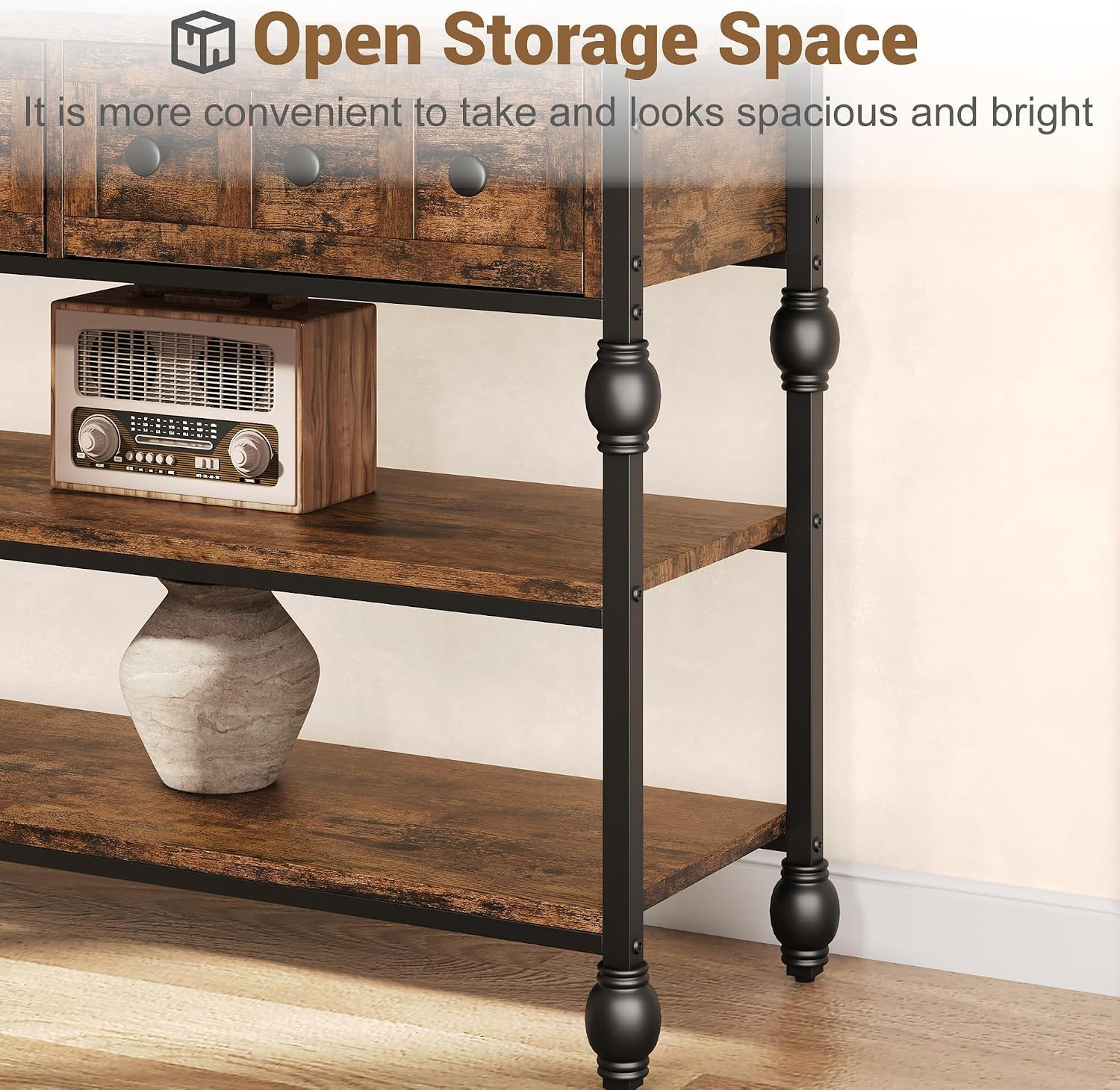 Rustic Brown Console Sofa Table with 3 Drawers & Open Shelf – Roman Column Desig