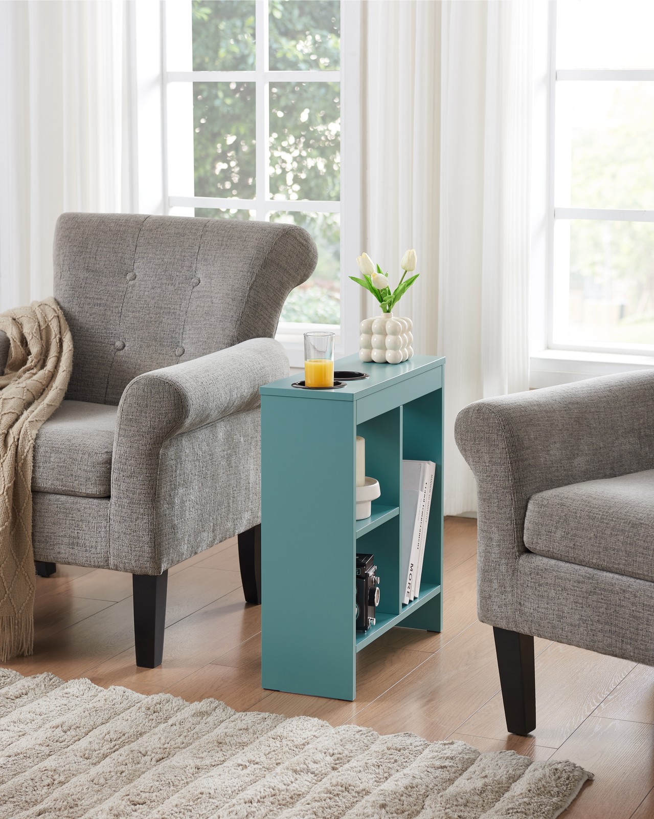 Kings Brand – Side End Table with Drink Holders, Shelving Magazine Holder, Teal