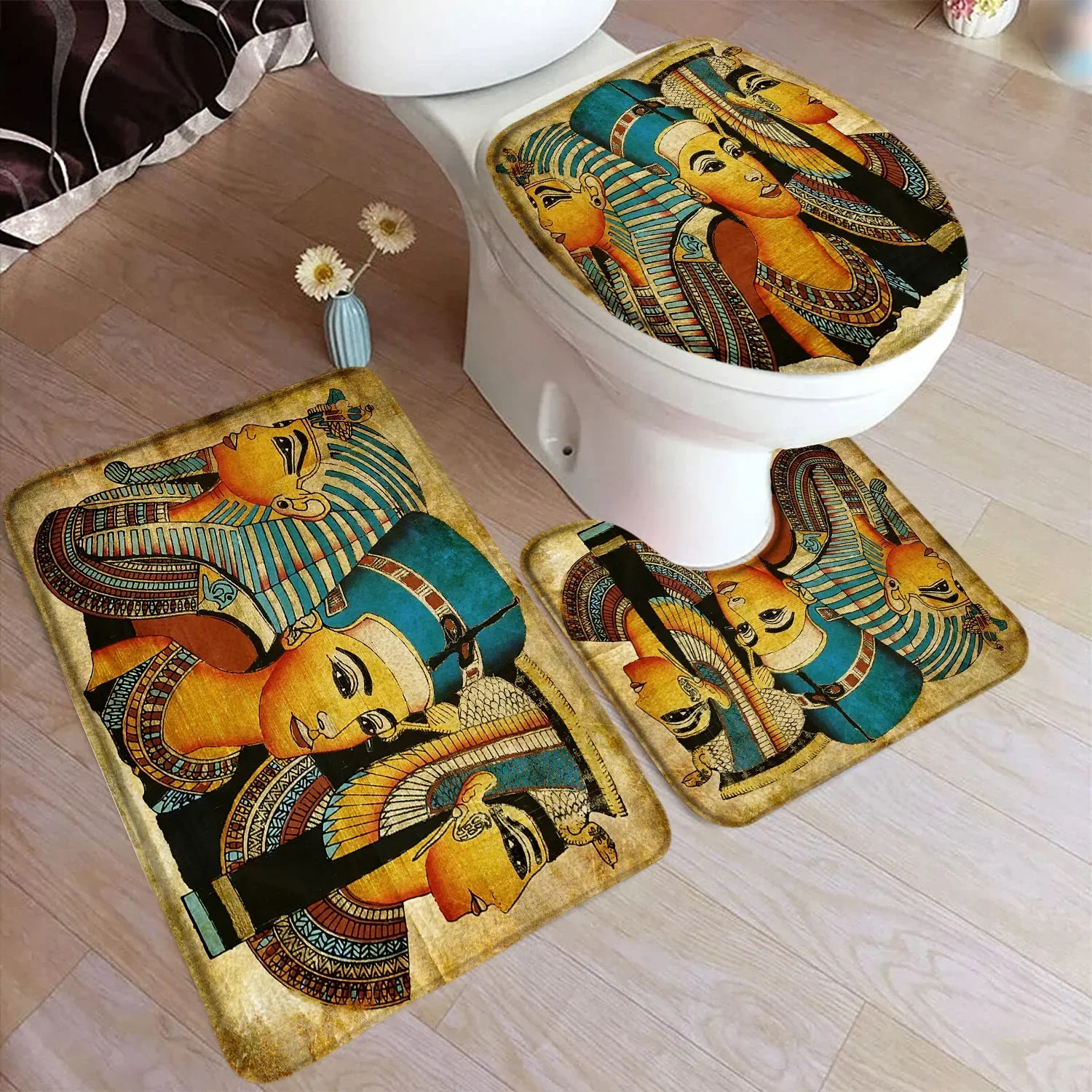 Vintage Egypt Bath Mat Set Pyramid Hieroglyphic Bathroom Rug Carpet Decor