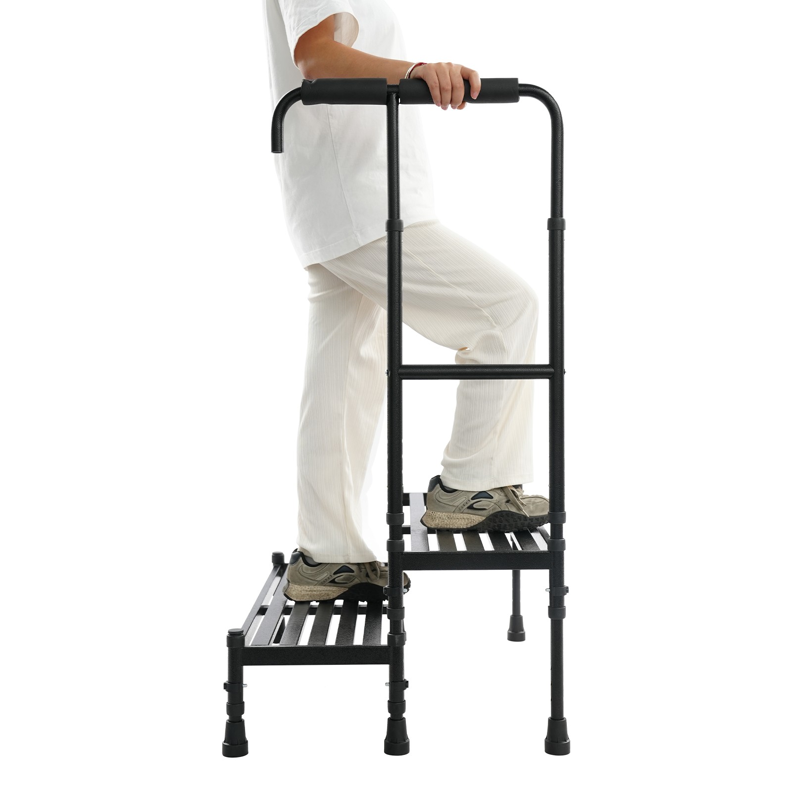 2 Steps Stool with Handle, Adult Ramp with Handrail, Metal Stepping Stool