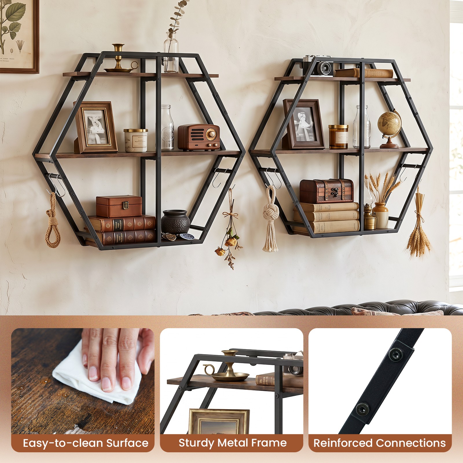 Hexagon Shelf for Wall, 3-Tier Geometric Bookcase w/4 S-Shaped Hooks Metal Frame
