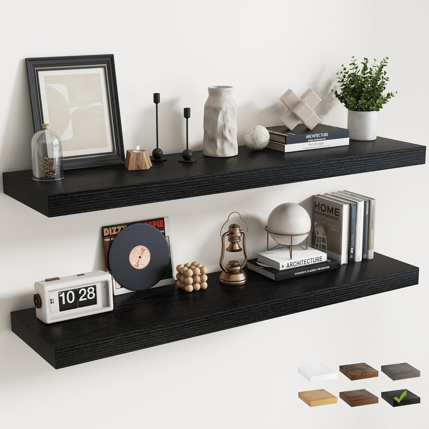 55″ Floating Wall Shelves Set of 2, Black Wood Grain for Home Decor & Storage
