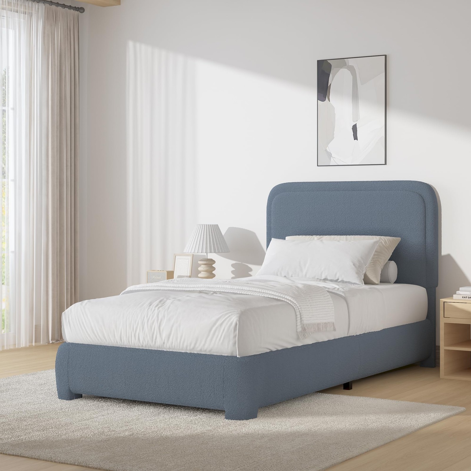 Twin Bed Frames with Headboard,Cloud Boucle Upholstered Platform Bed,e