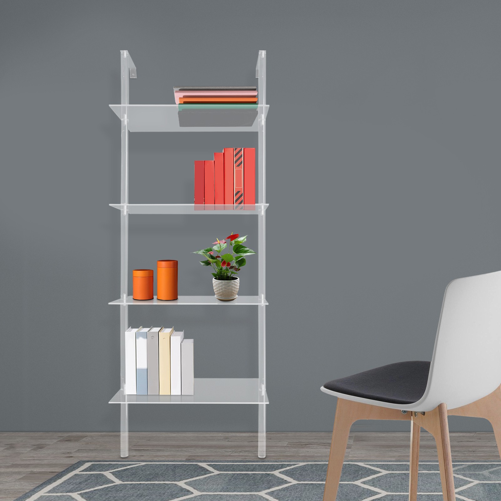 4-Tier Clear Wall Mounted Book Shelf Small Acrylic Ladder Bookshelf 24x36x146cm