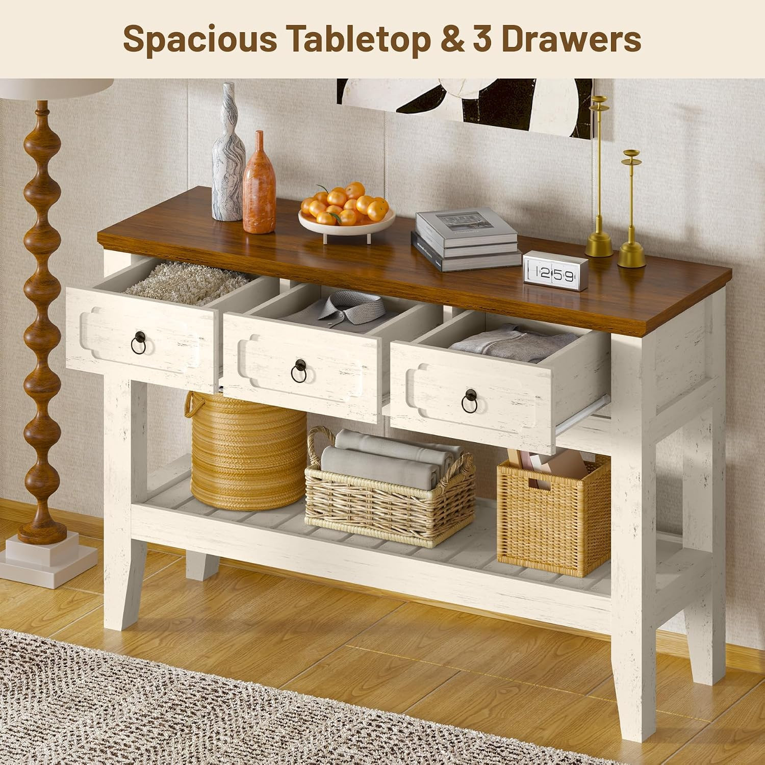 Rustic White 47″ Console Table with Drawers for Living Room Entryway Foyer