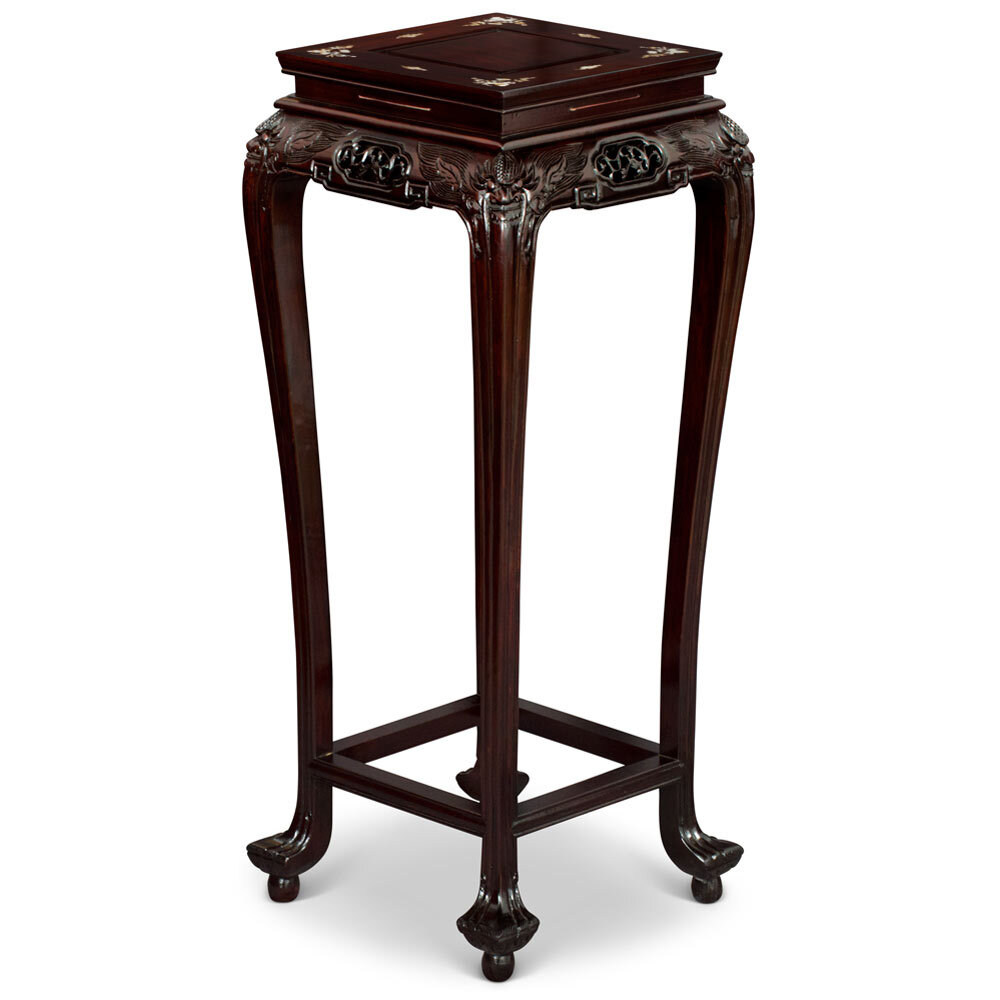 US Seller – Rosewood Queen Ann Dark Brown Mother of Pearl Chinese Pedestal