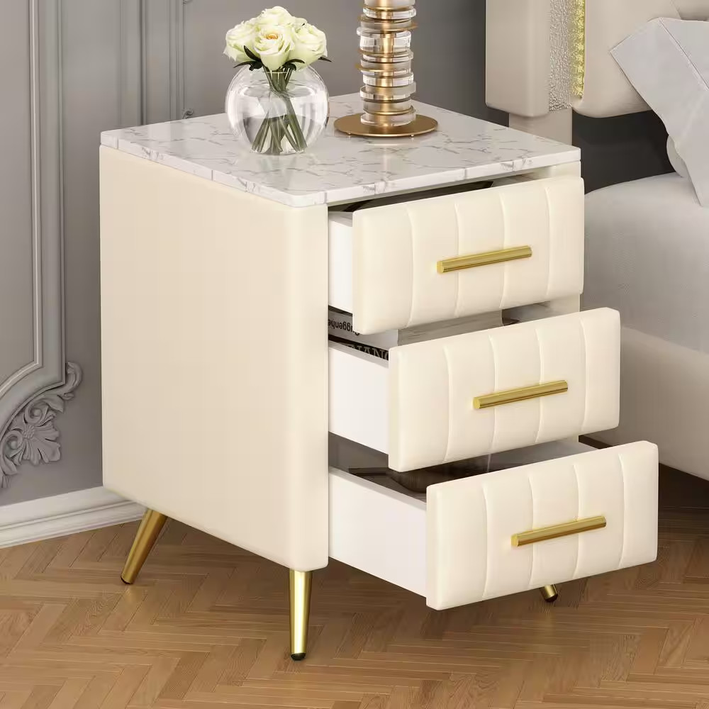Beige Wooden 3-Drawer 16.3 In. W Velvet Upholstered Nightstand with Marbling Wor