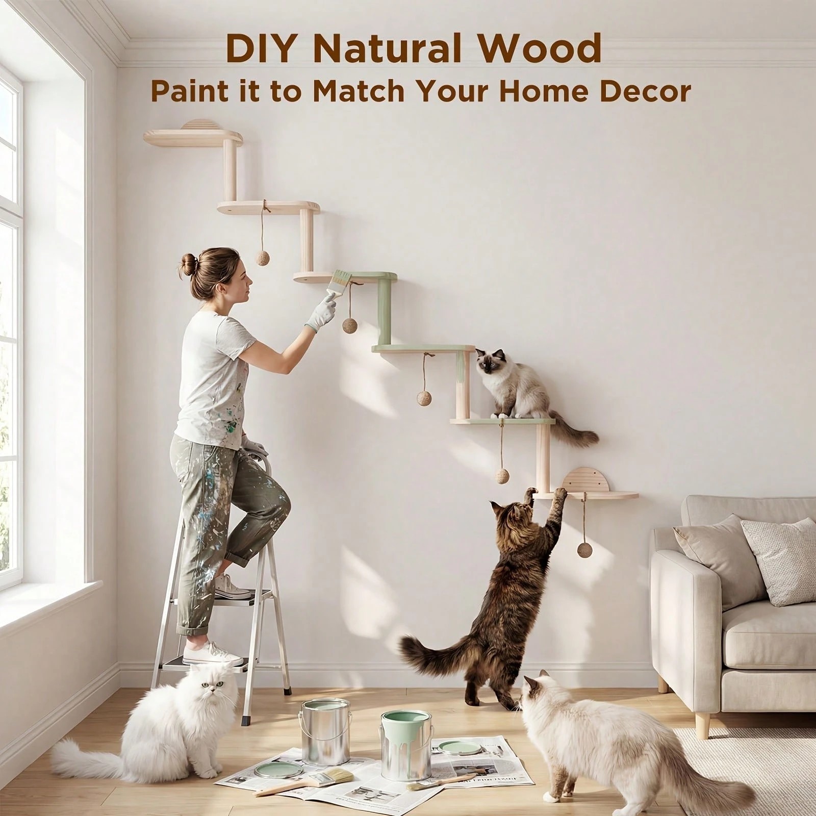 New 6pc Cat Wall Shelf Set Cozy Modern Floating Perch Furniture Elegant Wood