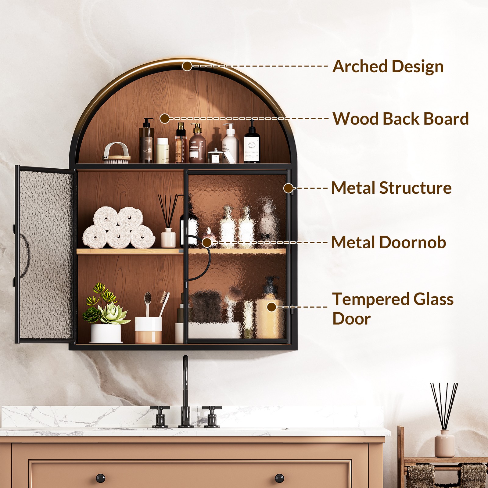 Fully-Assemble Arched Wall Cabinet Toilet Floating Medicine Organizer Glass Door