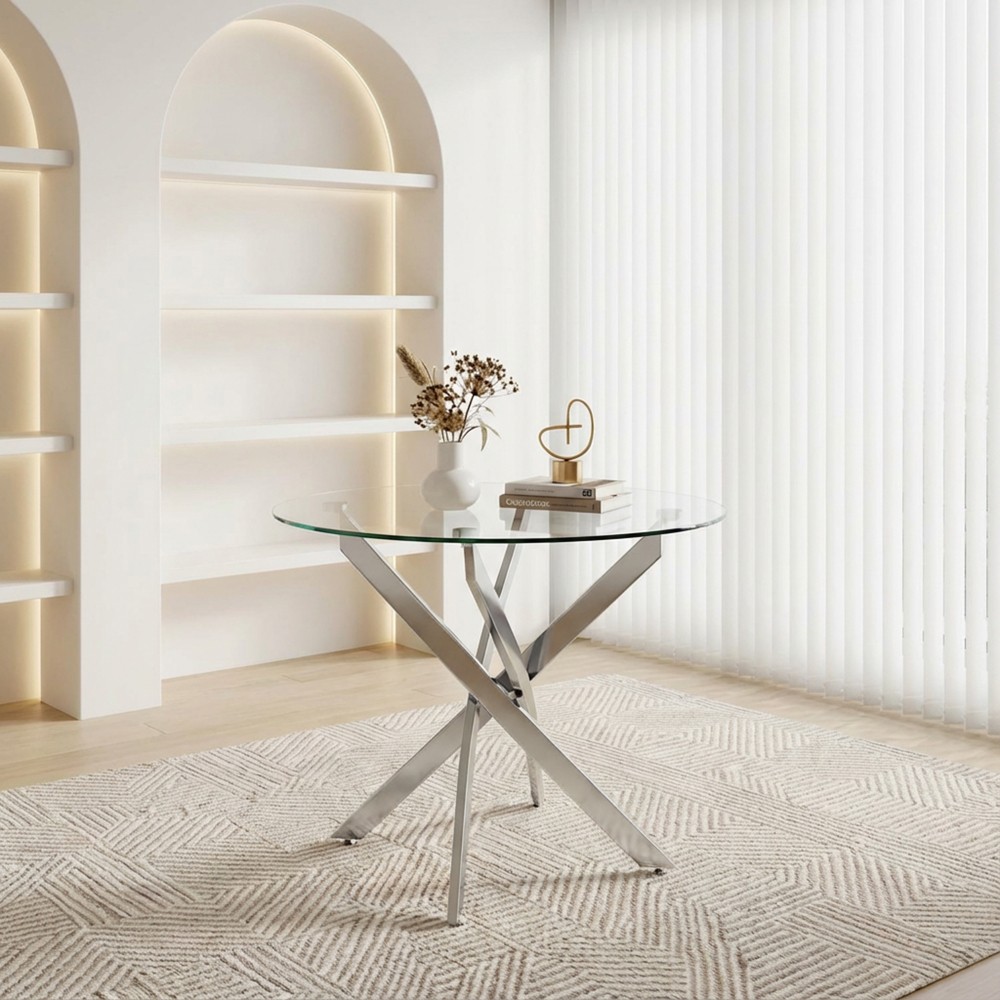35.5″ Round Glass Dining Table, Silver Legs, Modern for Kitchen Dining Room