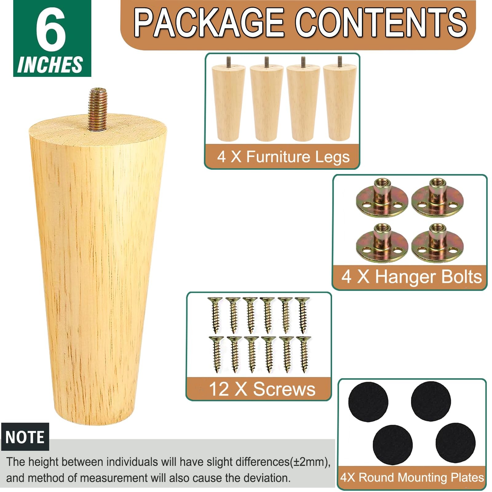 Yaliuliu 6 Inches Round Solid Wood Furniture Legs Set of 4, Natural Wooden Repla