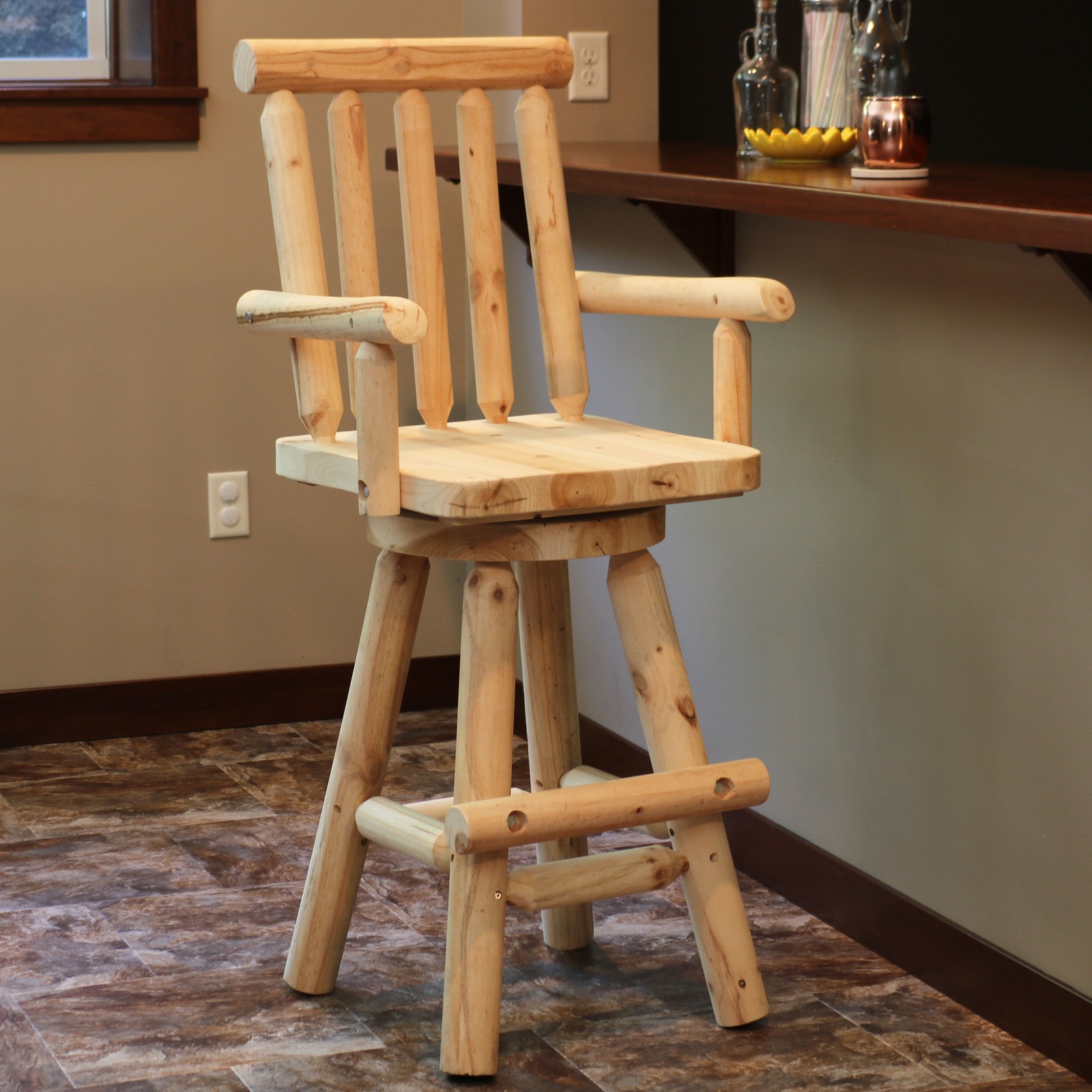 Rustic Log Style Unfinished Fir Wood Indoor Bar Stool by Sunnydaze