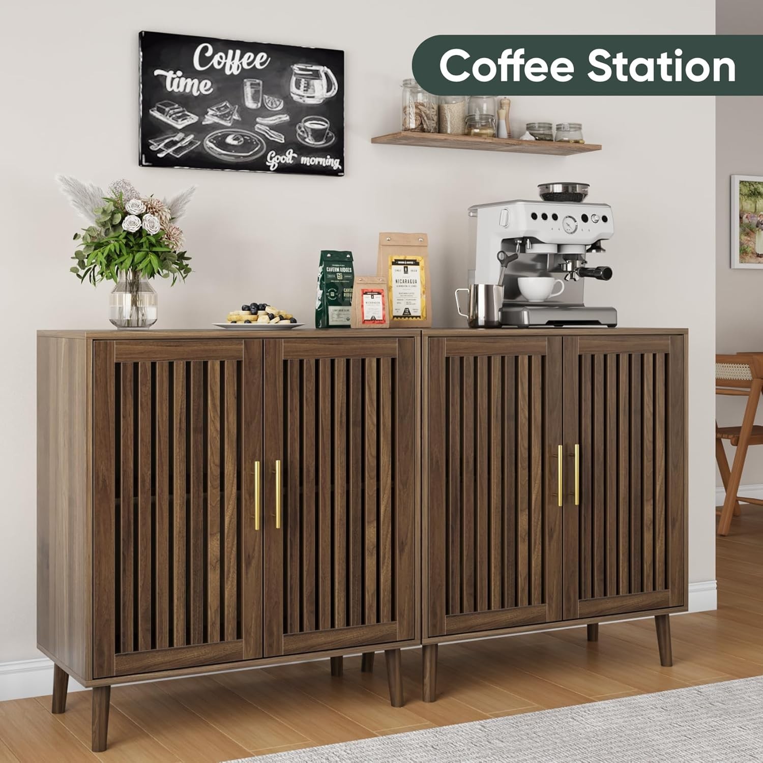 Sideboard Cabinet 31.5″ W Farmhouse Buffet Cabinet W/ Slatted Doors & Adjustable