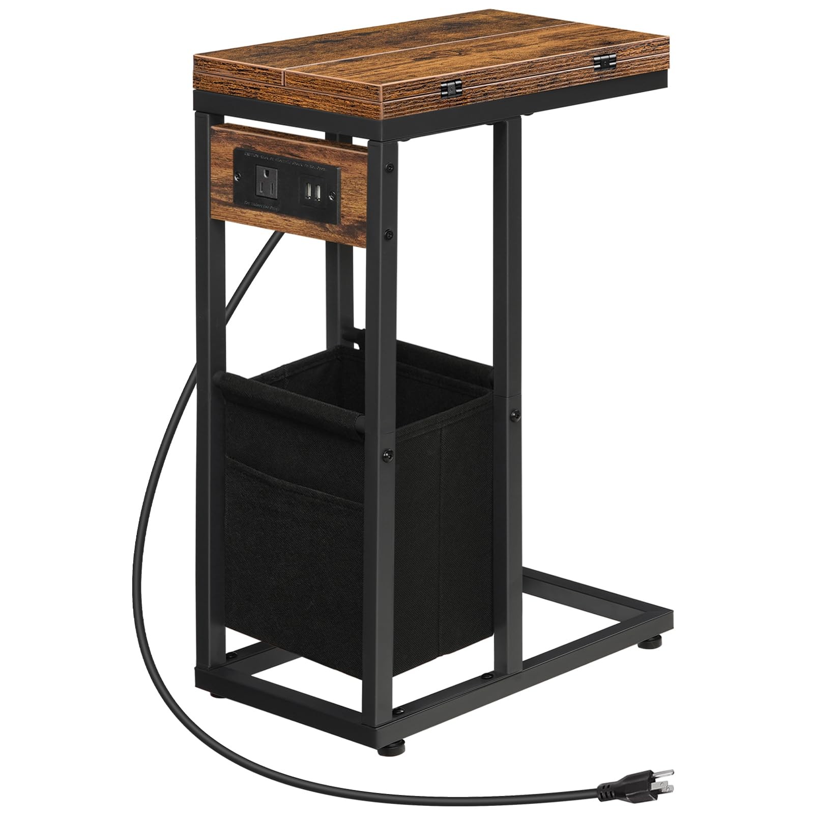C Shaped Side Table with Charging Station, Foldable End Table with Fabric Bag…