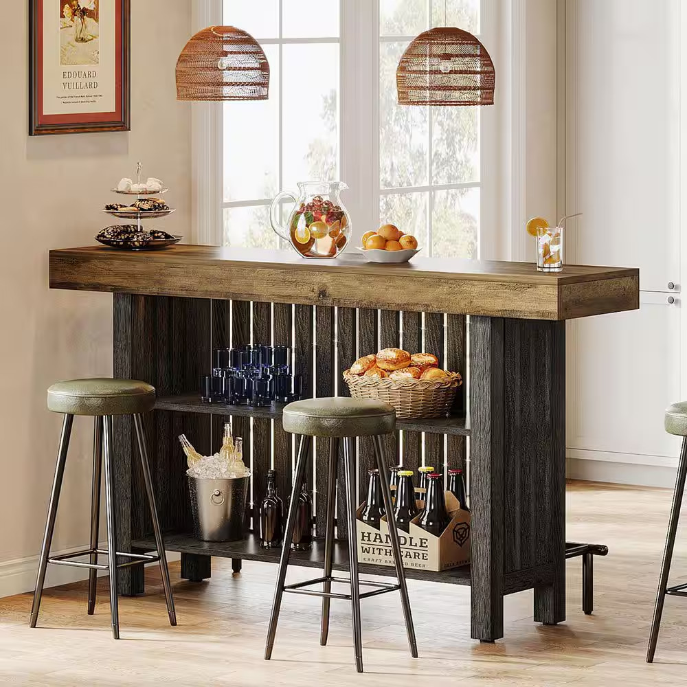 Adan 41.3 In. Home Brown Black Wood Modern 2-Tier Bar Table Footrest Corner Mini