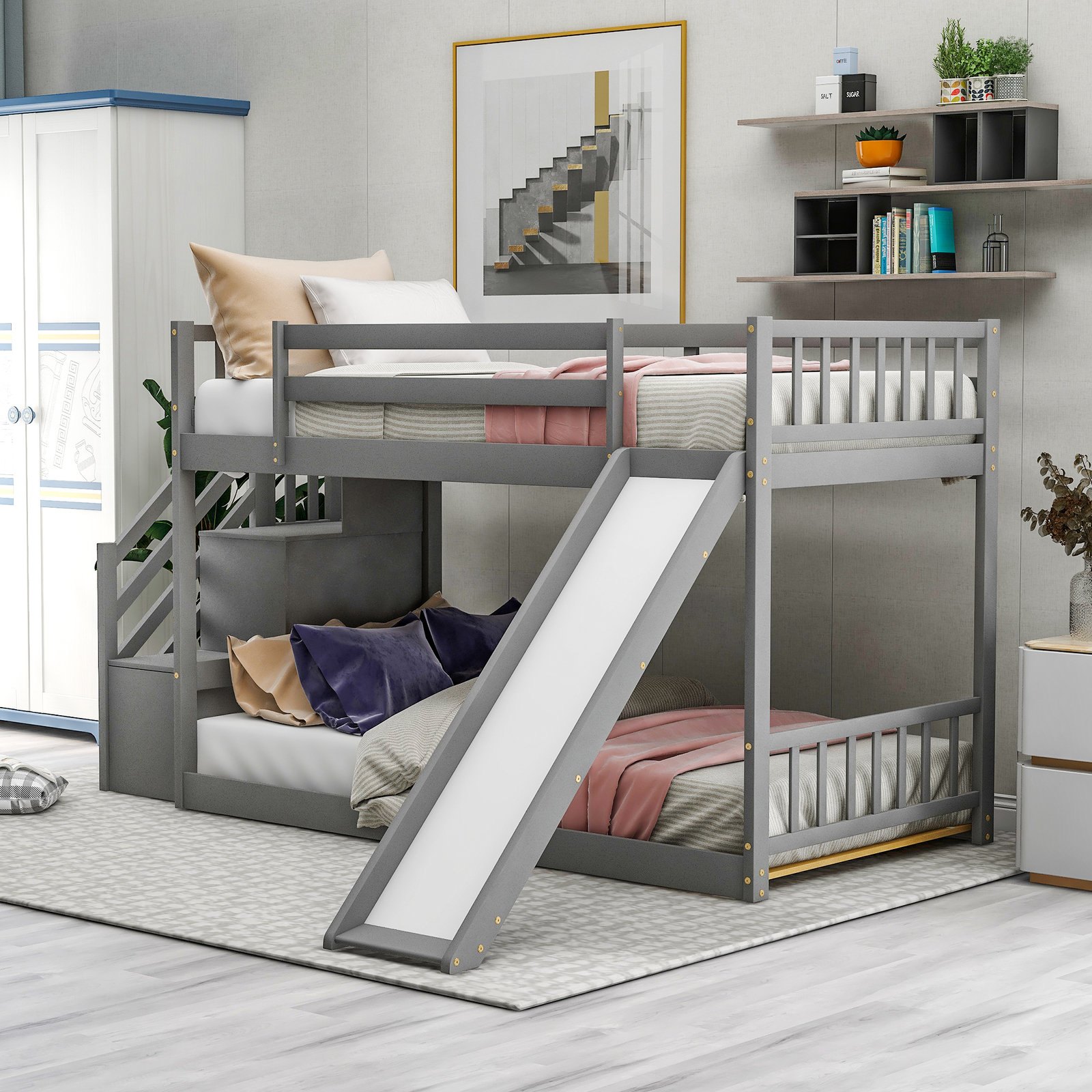 Twin Over Twin Wooden Bunk Bed with Convertible Slide and Storage Stairway