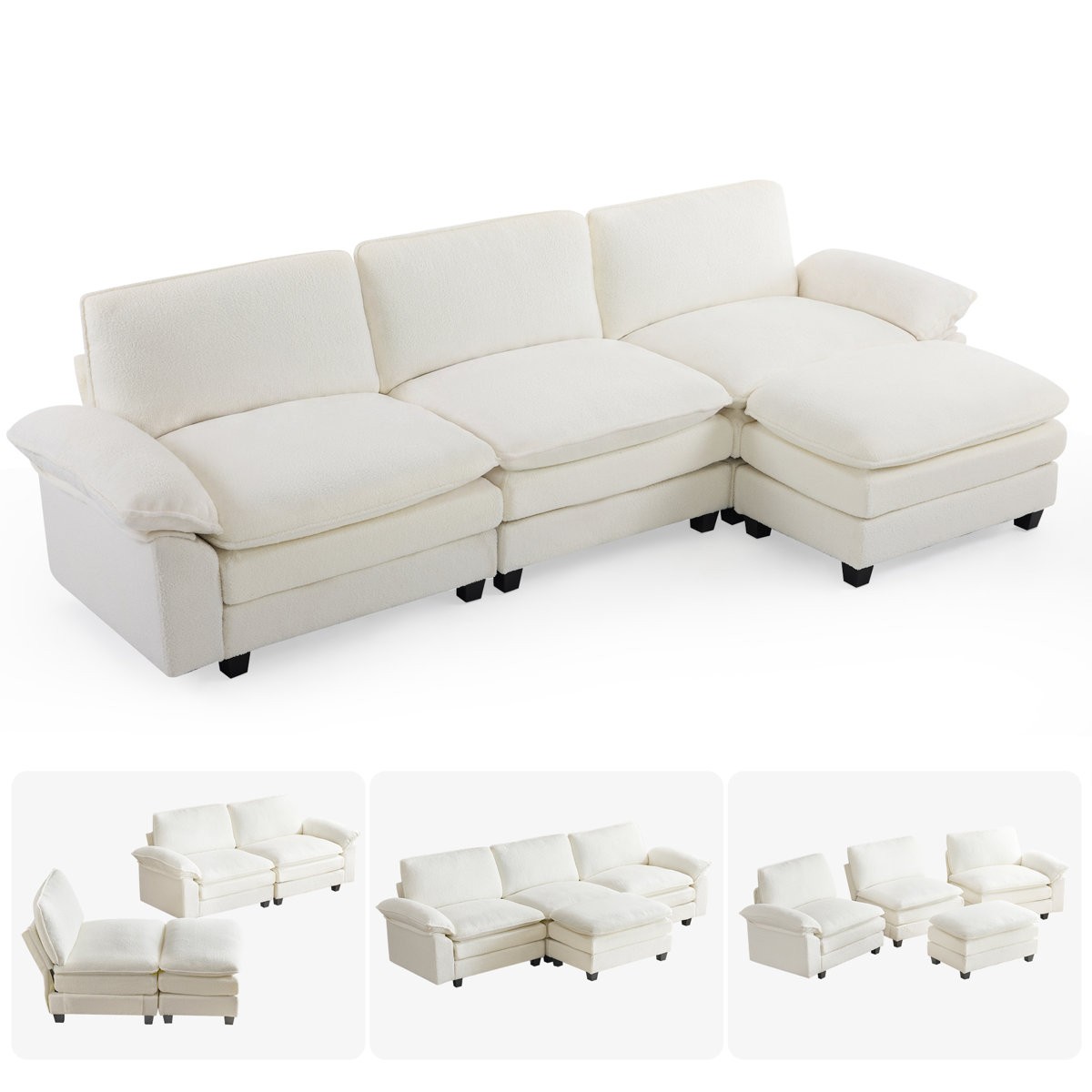 120.8” Modular Sectional Sofa with Ottoman, L-Shaped Couch, Teddy Fleece