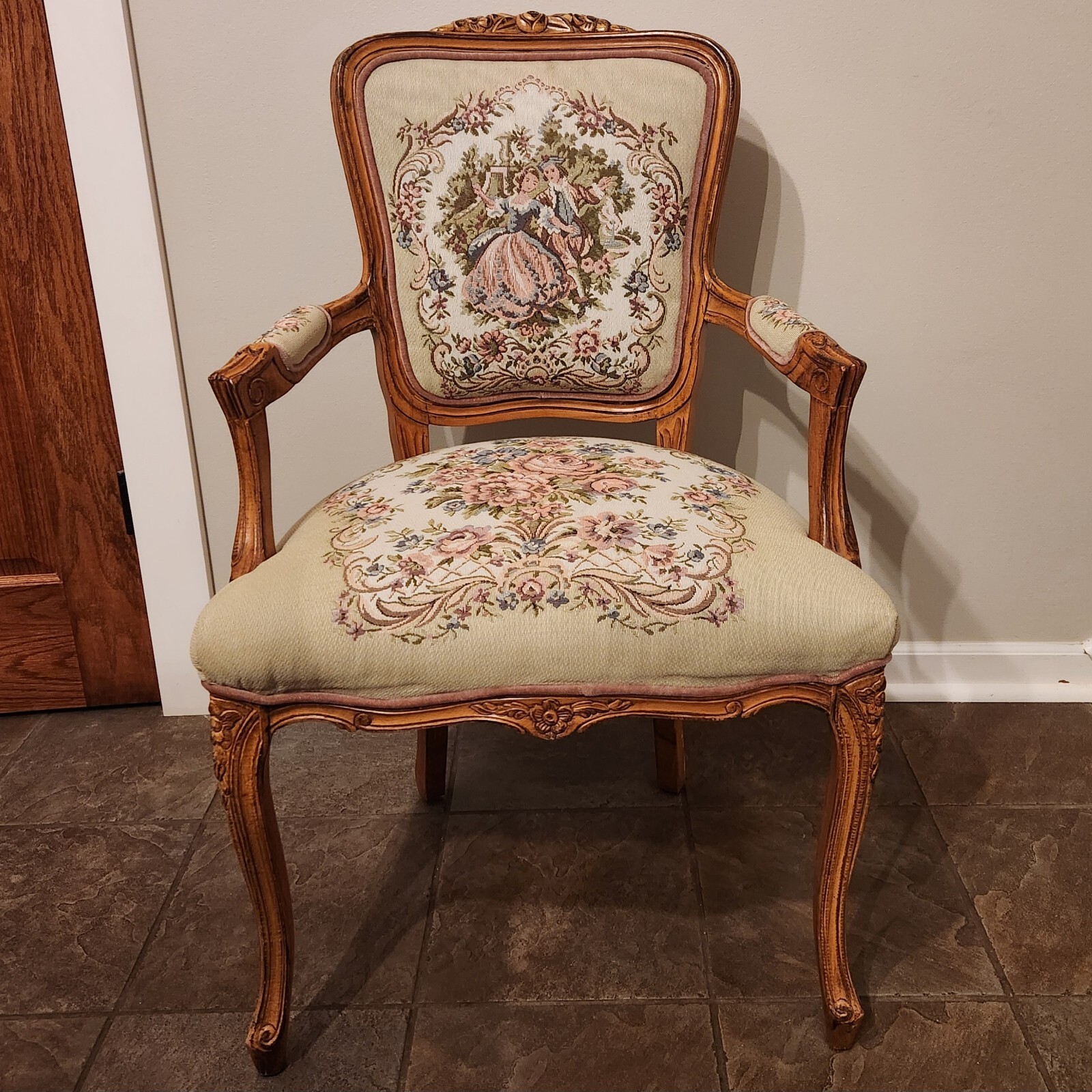 Vintage French Louis XV Style Needlepoint Arm Chair with Pink Pastoral Scene