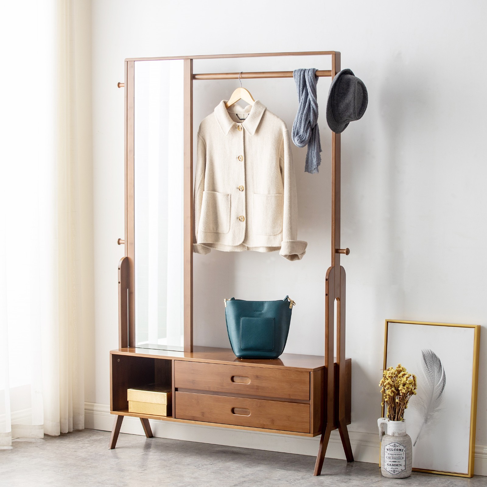 BALANBO Coat Rack Stand Solid Wood Freestanding Mirror Shelf Entryway Hallway