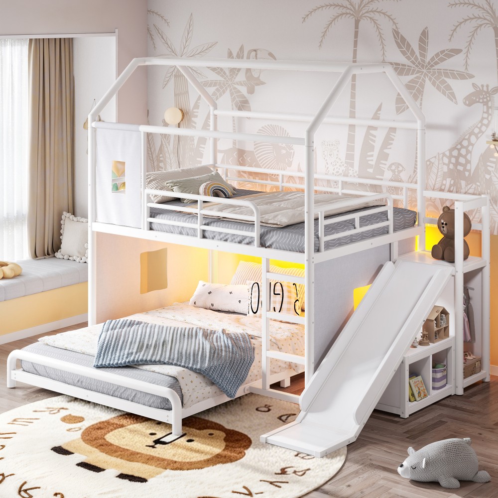 Full over Full House Metal Bunk Bed with Storage Cabinet and Hanging Rod,Slide