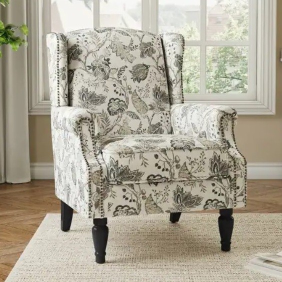 Beige Floral Plant Accent Arm Chairs Armchairs Nailhead Wingback Chair Country