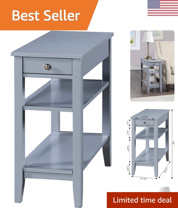 Grey Chairside End Table with Shelves – Transitional Design – 23.5 x 11.25 x 24