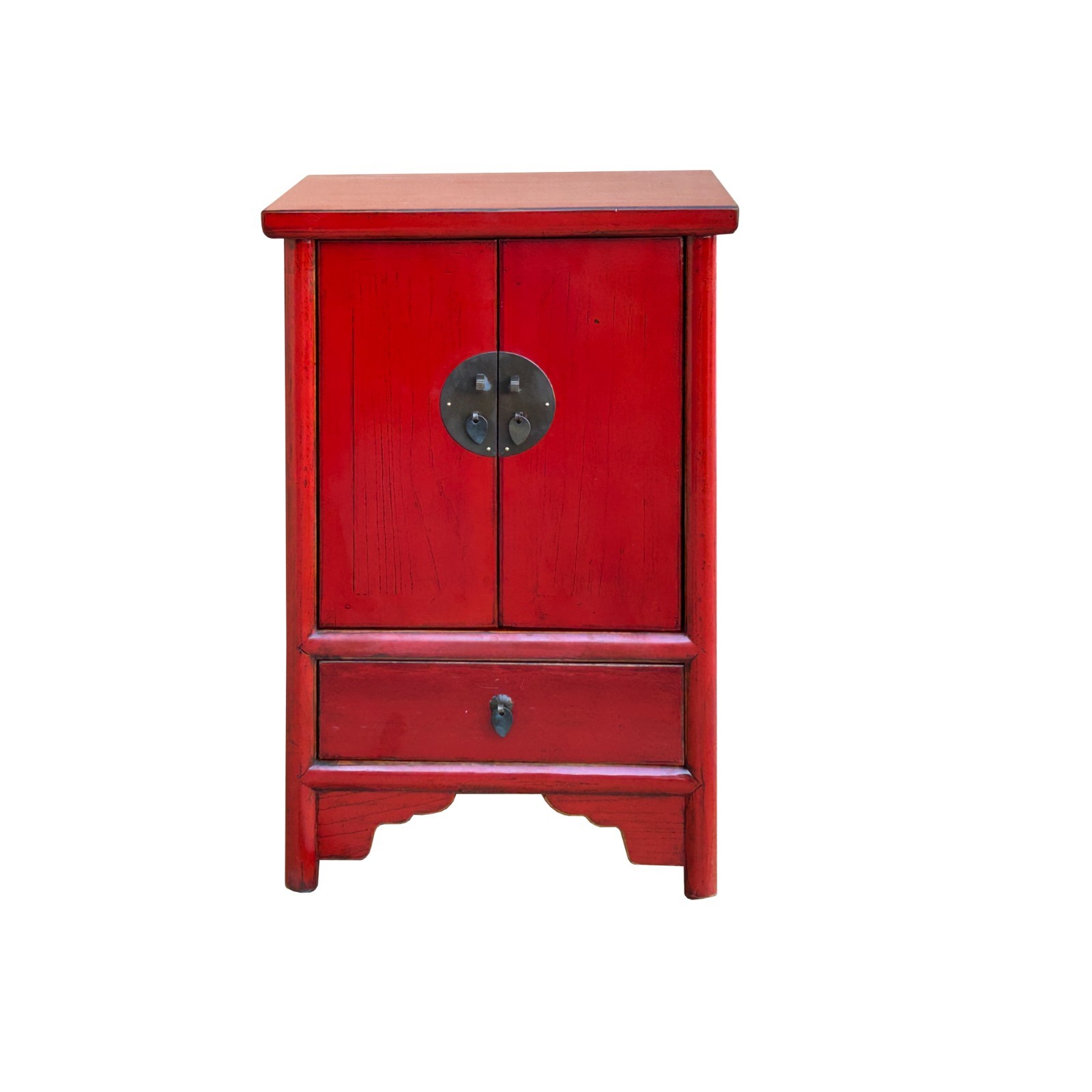 Oriental Distressed Red Medallion Hardware End Table Nightstand GB154