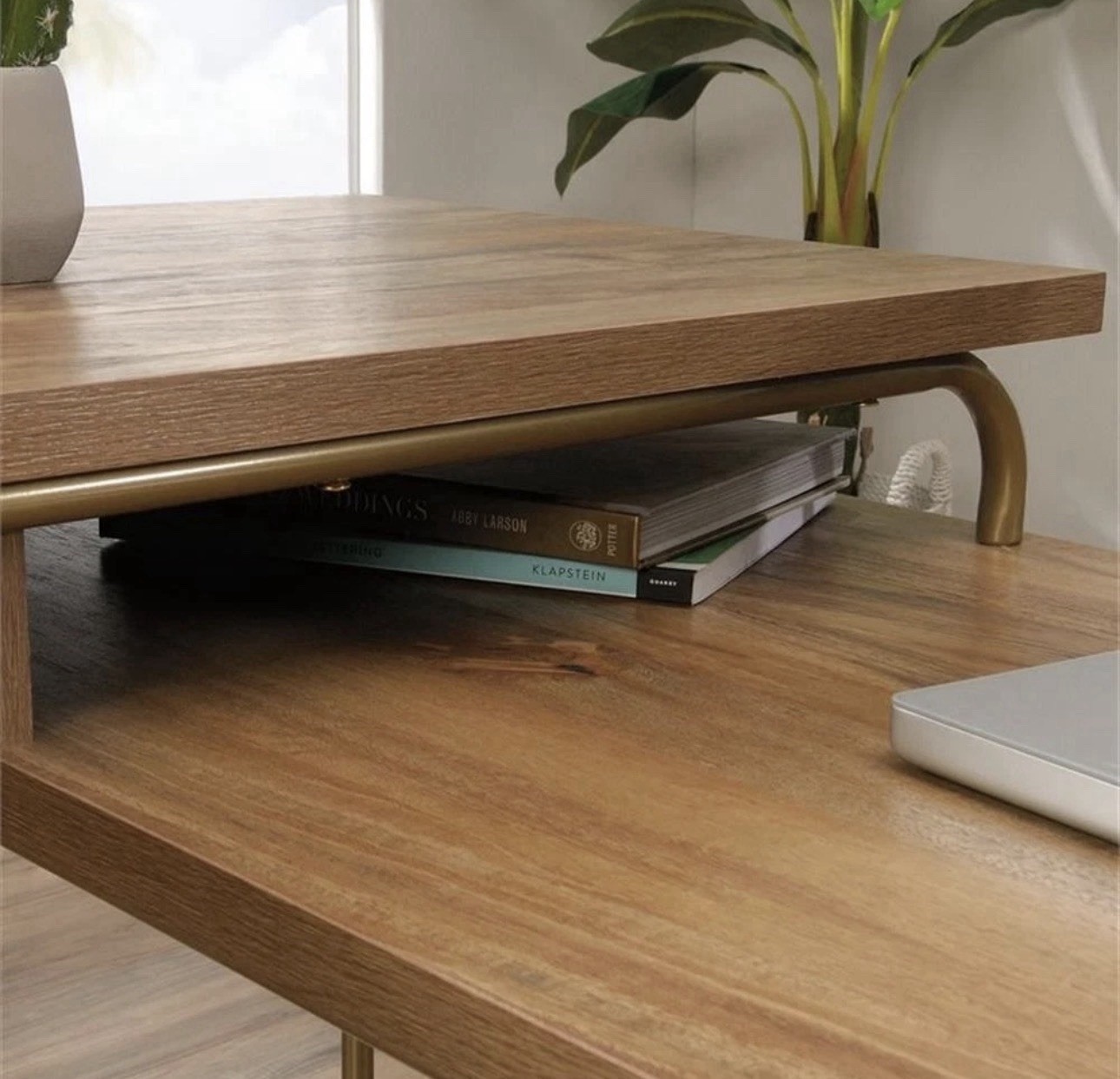 Light Brown Gold Finish L-Shaped Corner Desk Wood Drawers Shelves 60.5″ x 59″
