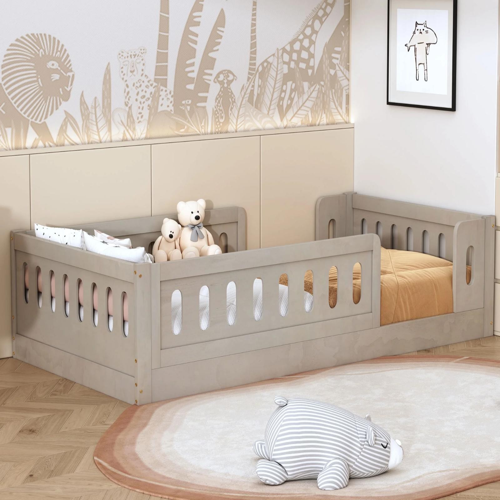 Toddler Twin Montessori Wooden Floor Bed Frame Kids Bed With Guardrails Natural