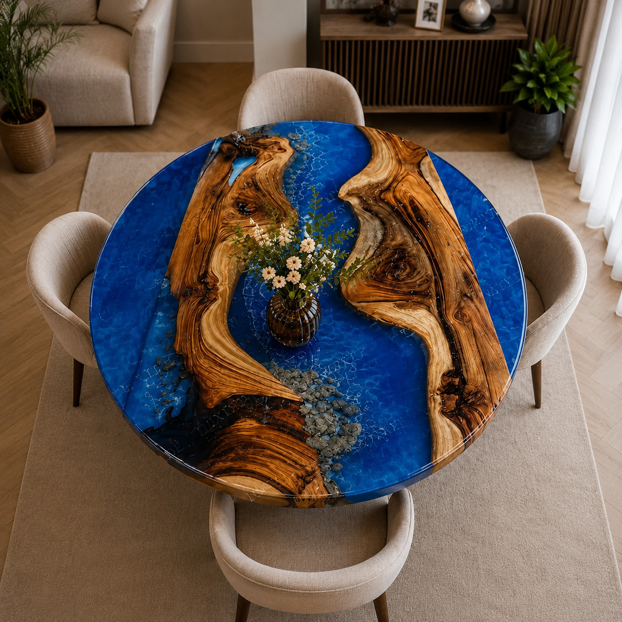 Blue Round Epoxy Resin Table Handmade Solid Wood Luxury Hallway Furniture Decor
