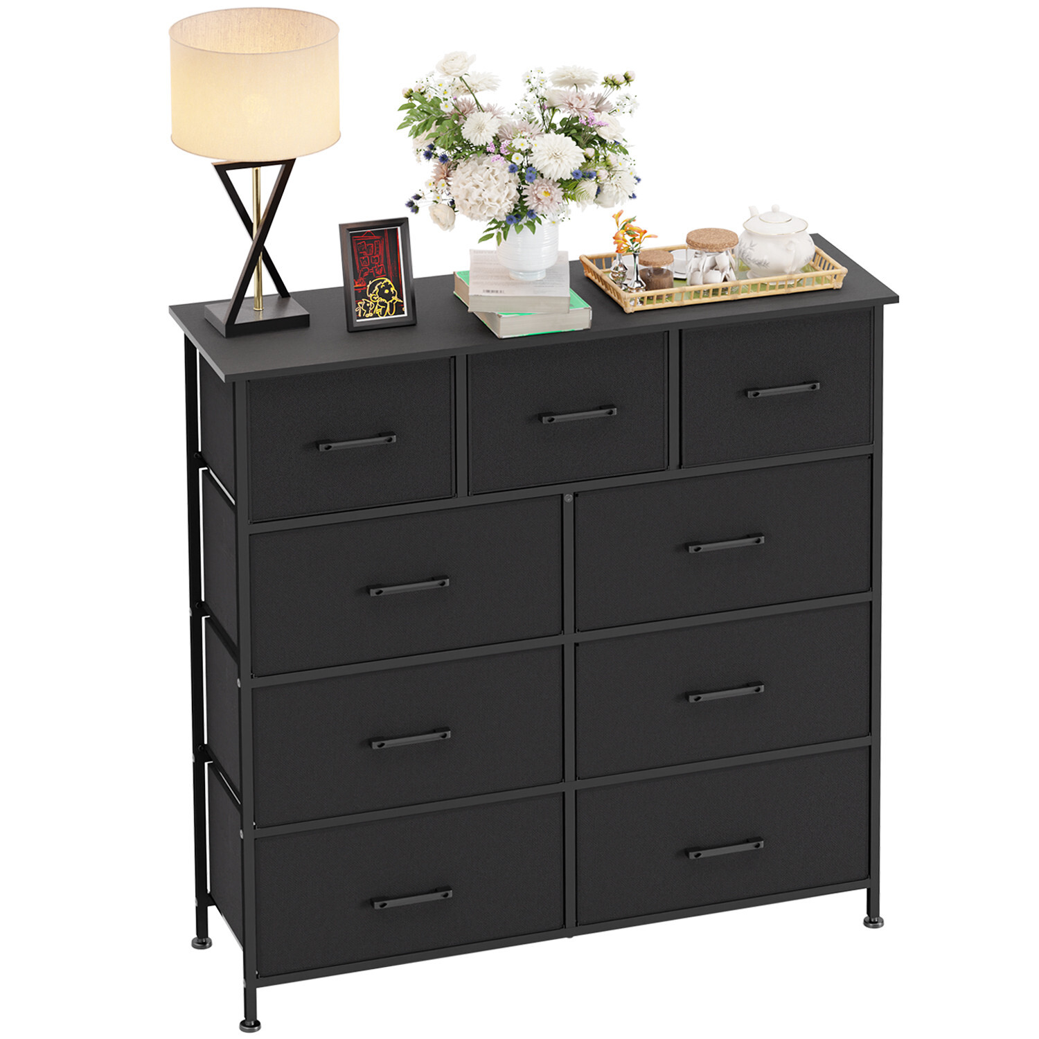 9-Drawer Fabric Dresser,Sturdy Storage Tower Dresser for Bedroom w/ Metal Frame