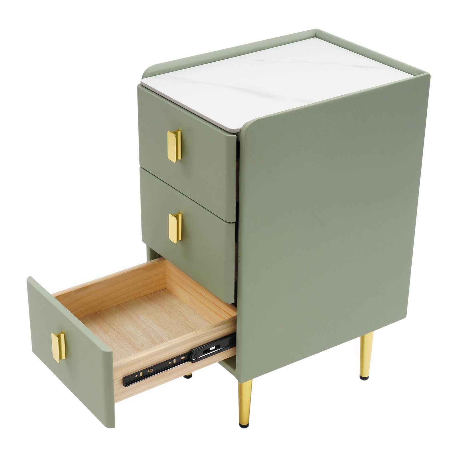 Narrow 3-Drawer Nightstand Bedside Table Green Gold Leather Rock Slab Top