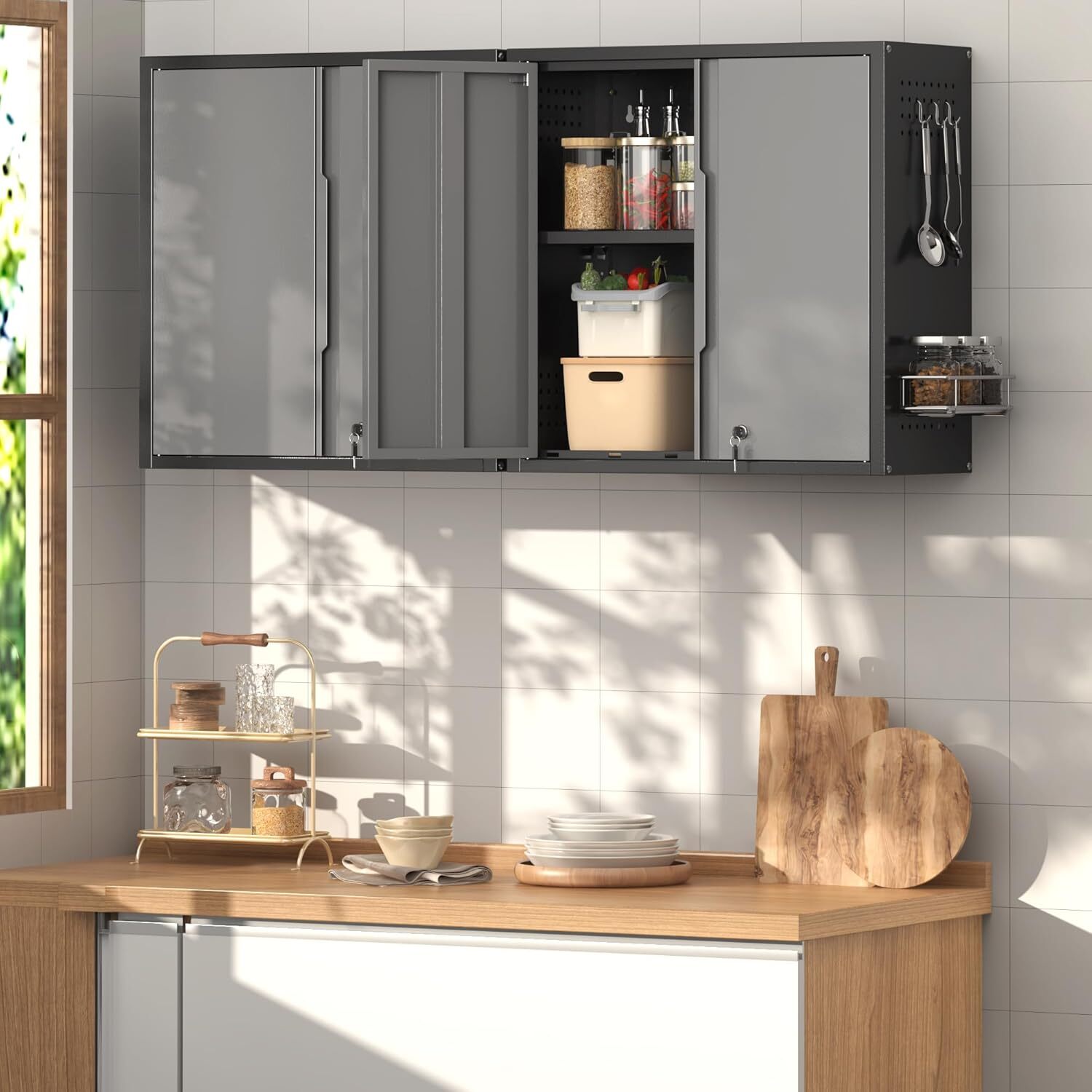 Wall Cabinet with Lockable 2-Doors Steel Garage Storage Cabinet Metal Wall Chest