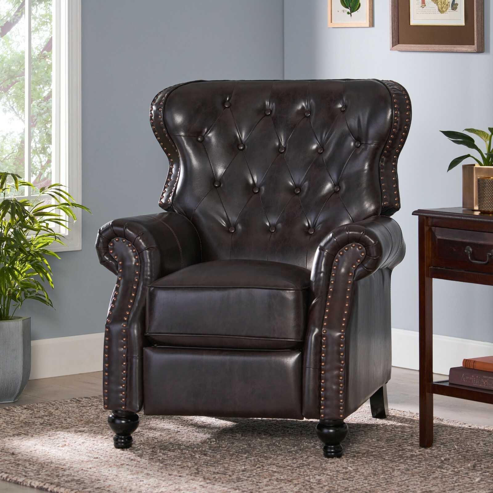 Walder Contemporary Tufted Recliner with Nailhead Trim, Brown and Dark Brown