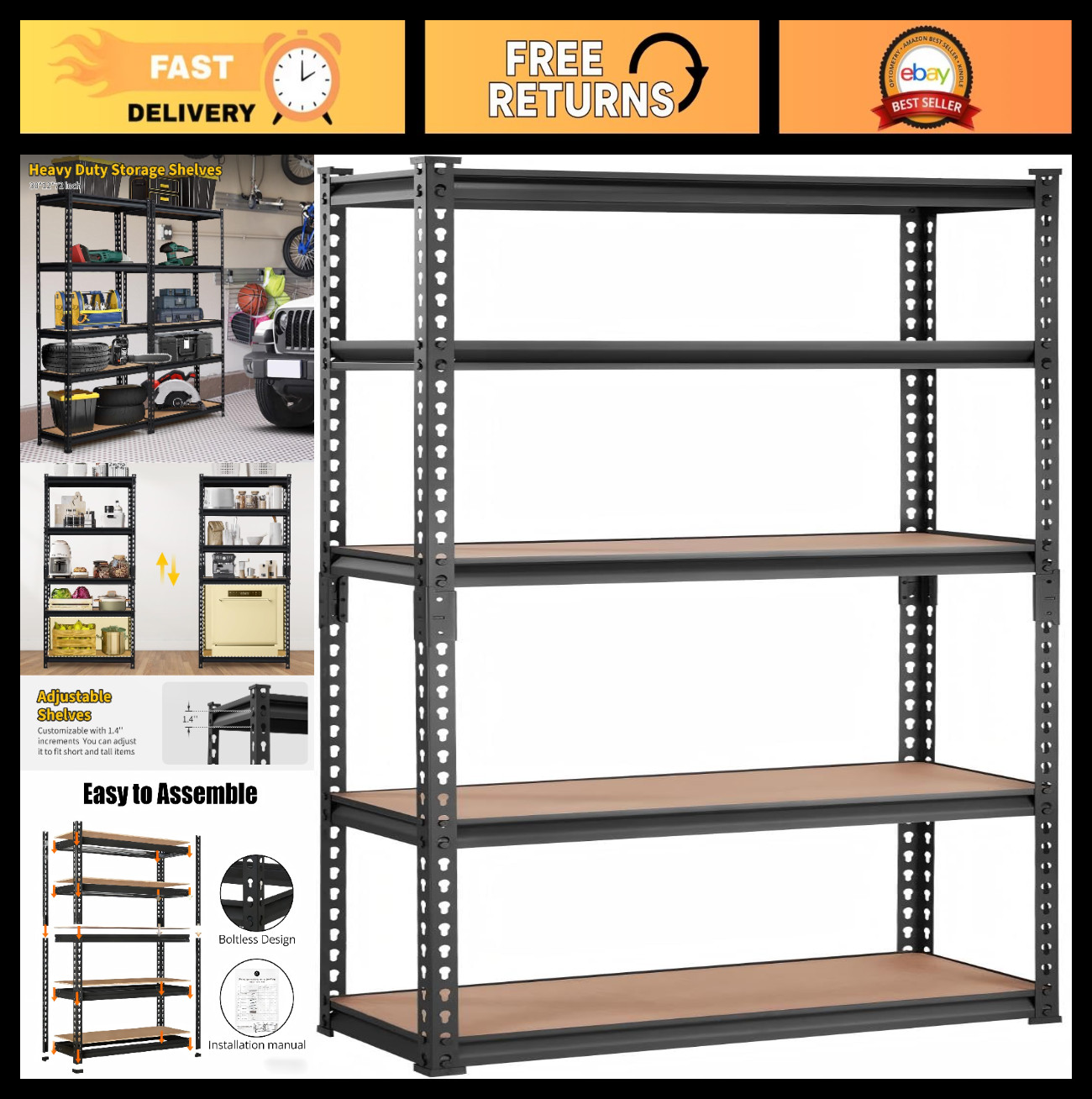 5-Tier Adjustable Metal Storage Shelves, Heavy Duty 30″x12″x60″ for Garage, Kitc